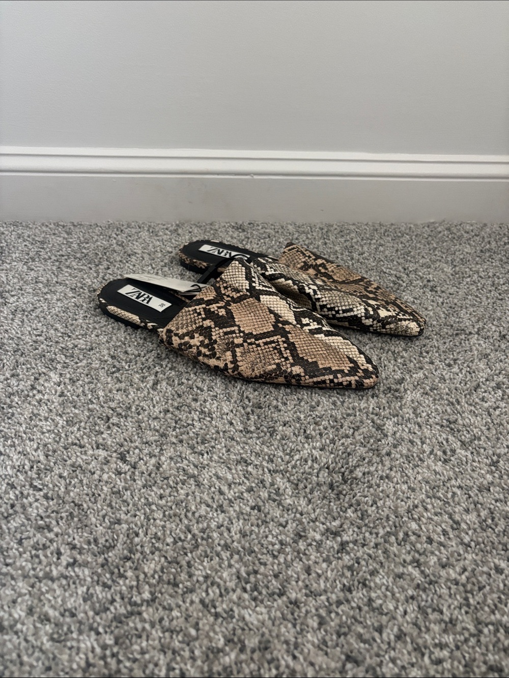 Zara Snake-Print Pointed Backless Mules in Beige and Black